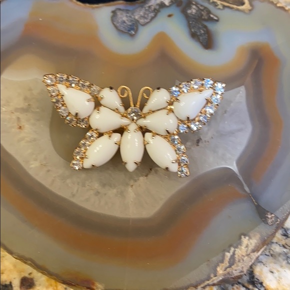 Vintage Jewelry - Vintage Milk glass butterfly & rhinestones brooch GUC